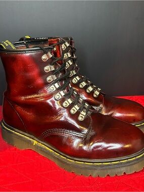 Y2K Dr. Martens Burgundy Leather Lace-Up Combat Boots with Yellow Stitching